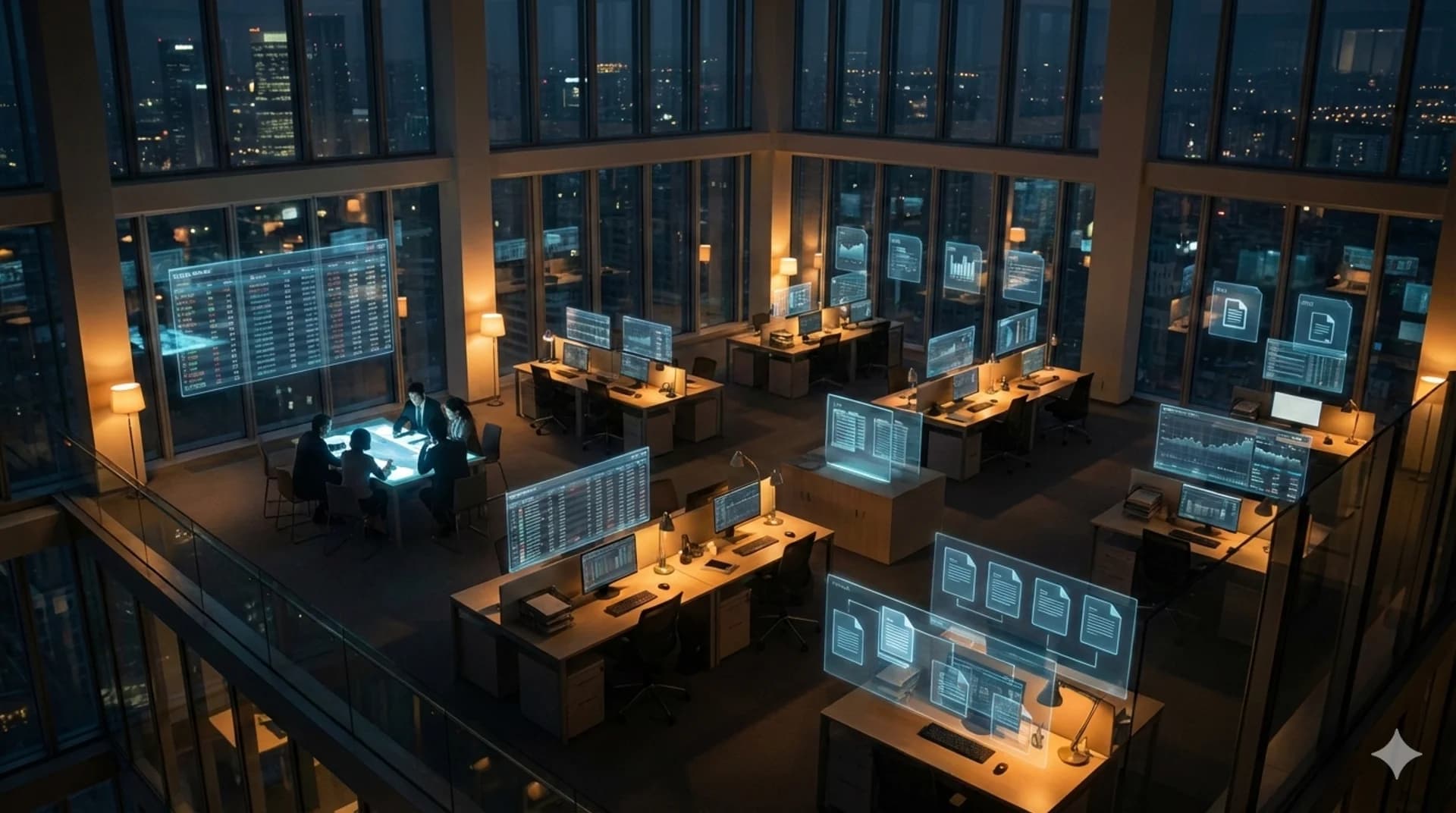 Modern office at night with AI holographic displays processing trade documents autonomously