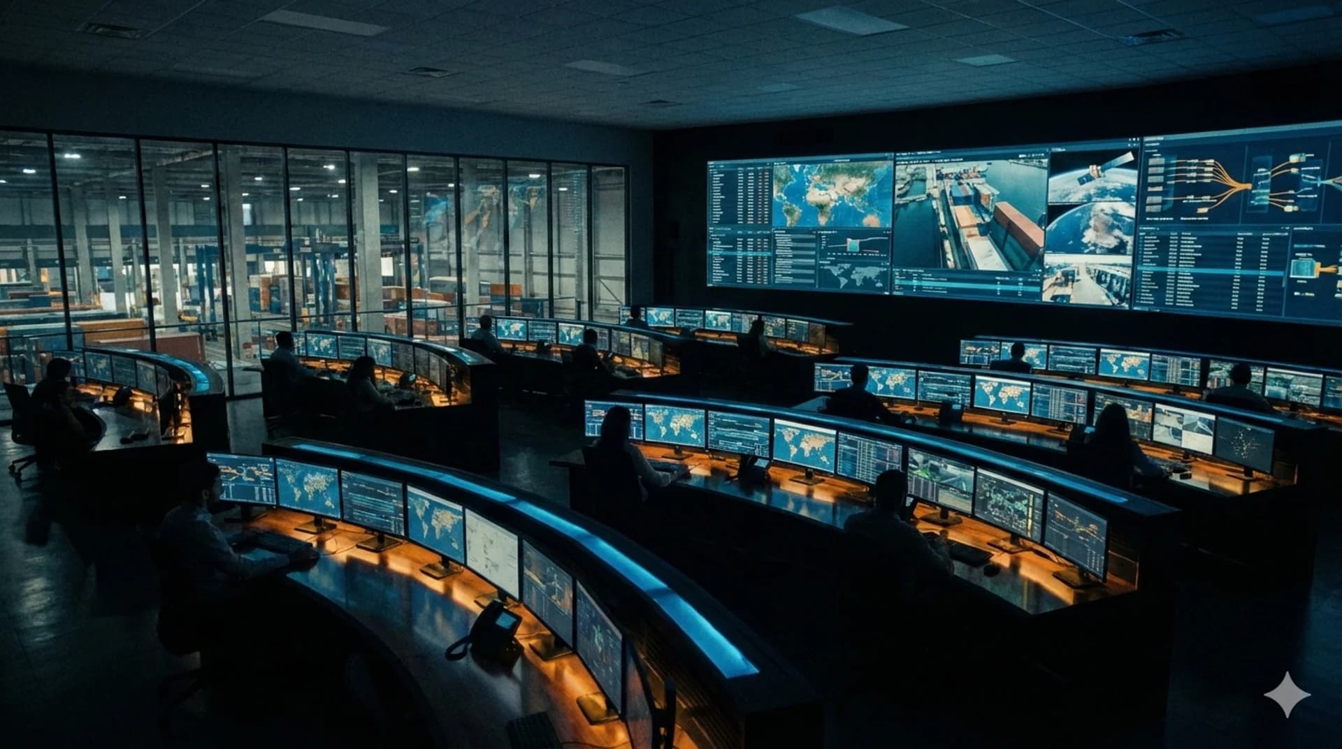 Operations control room with supply chain monitoring dashboards
