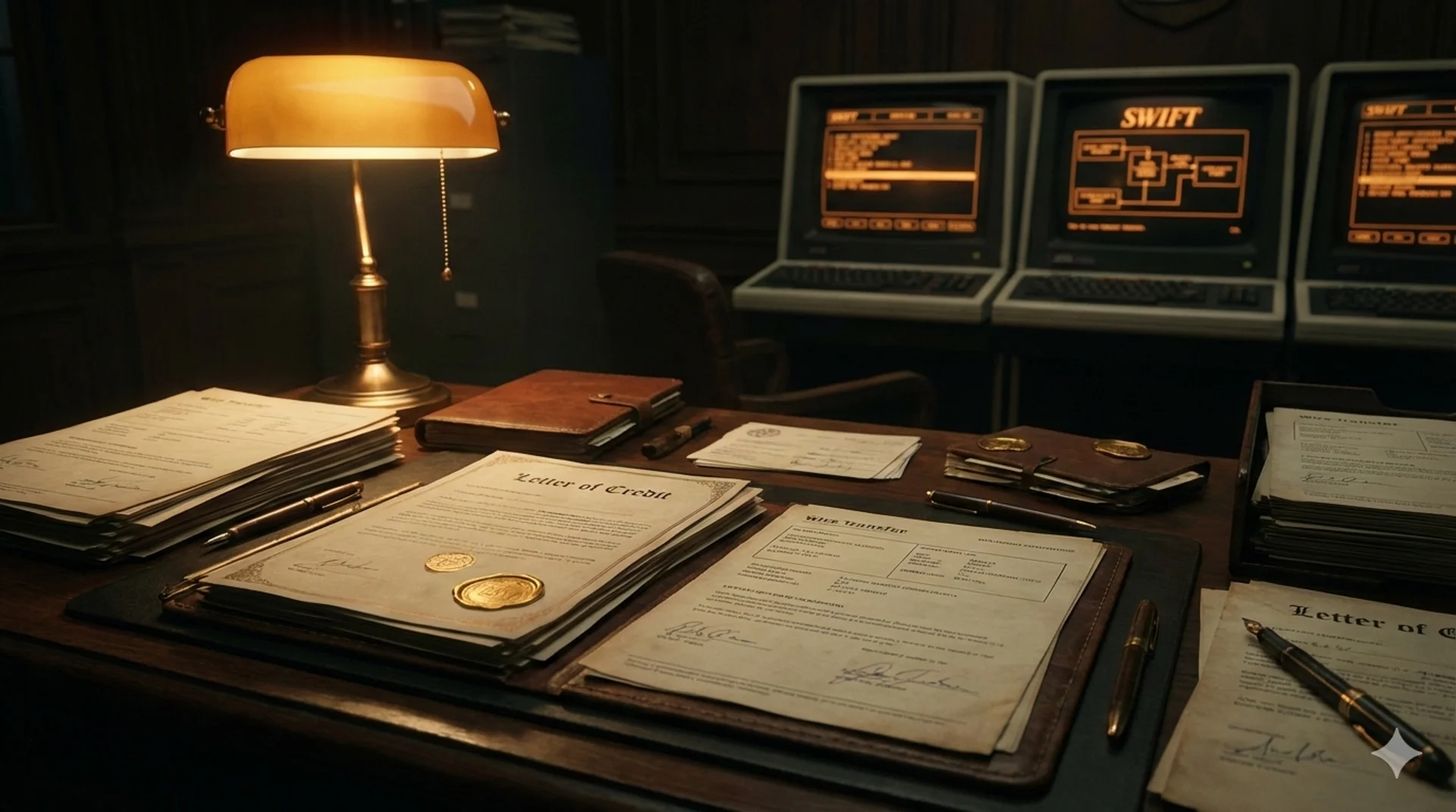 Letter of Credit documents on a banking desk with SWIFT terminals and golden seal stamps